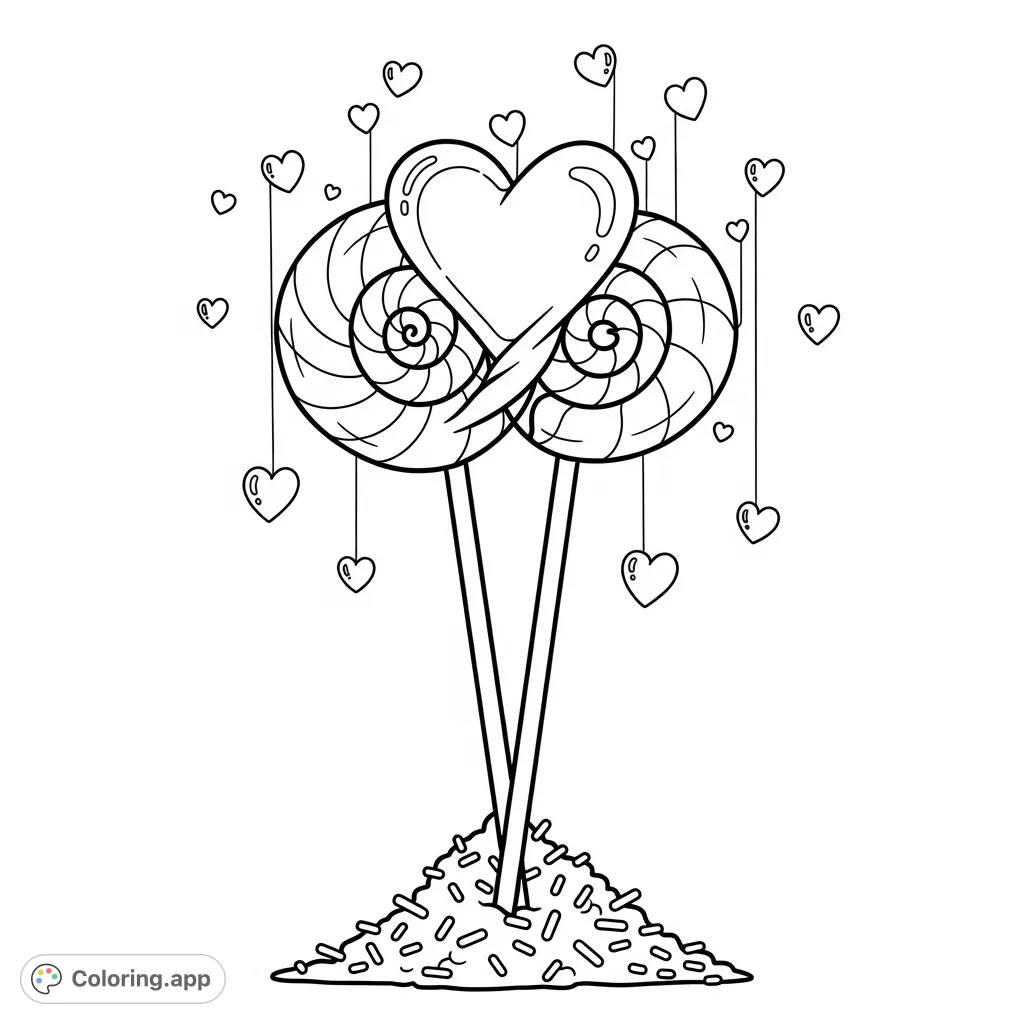 A delightful coloring page featuring two lollipops forming a heart, surrounded by sprinkles and small floating hearts. A charming, sweet scene.