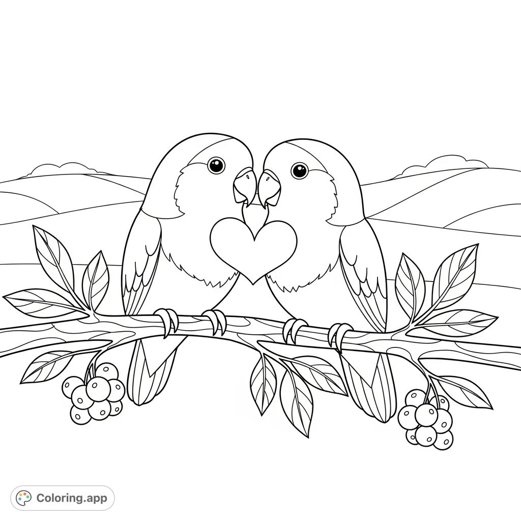 A charming lovebirds coloring page featuring two stylized birds on a branch, their beaks almost touching to form a heart. Perfect for free printable coloring page enthusiasts.