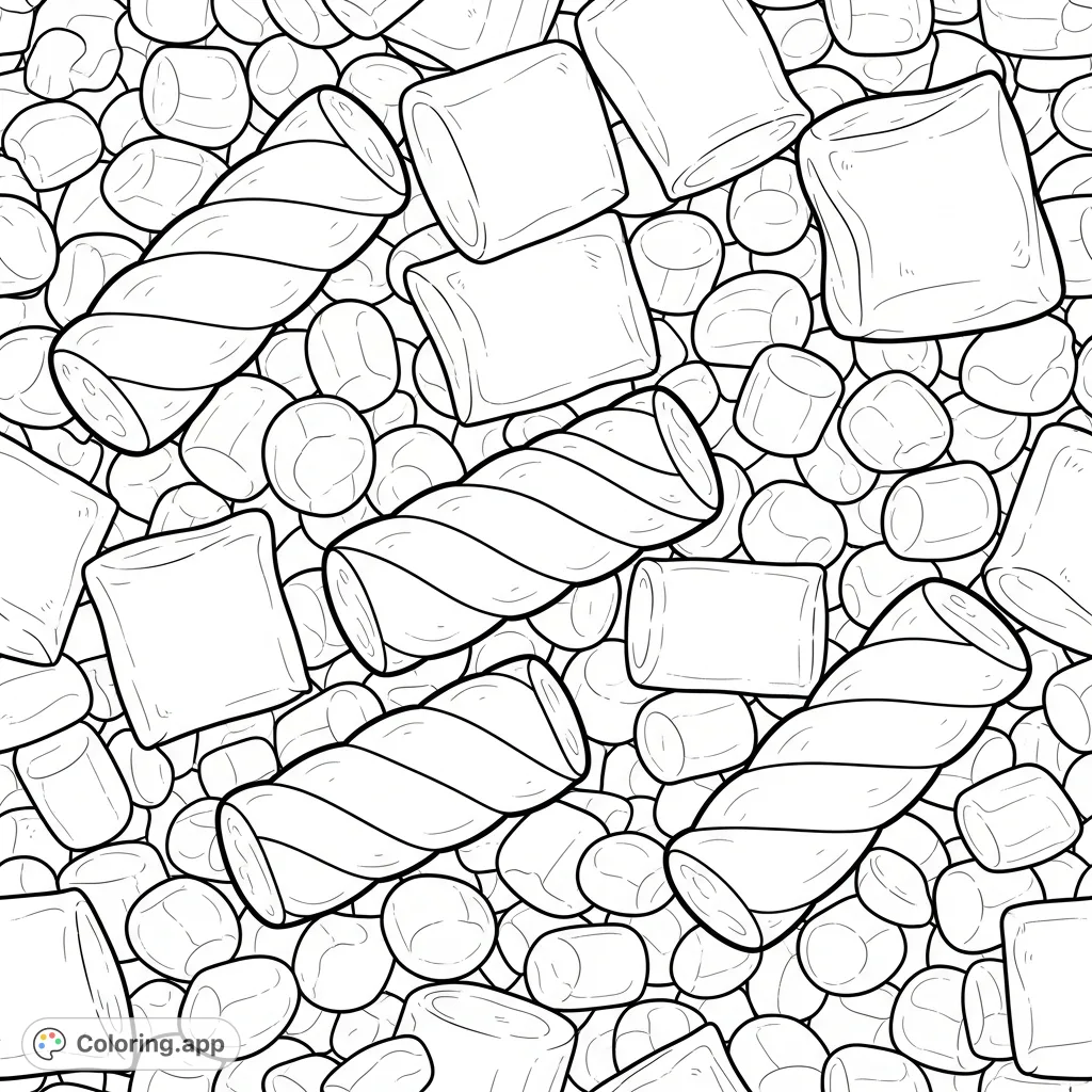 Discover a delightful seamless pattern filled with various marshmallow shapes! Twisted logs, square pillows, and small rounds create a whimsical confectionery scene for coloring.