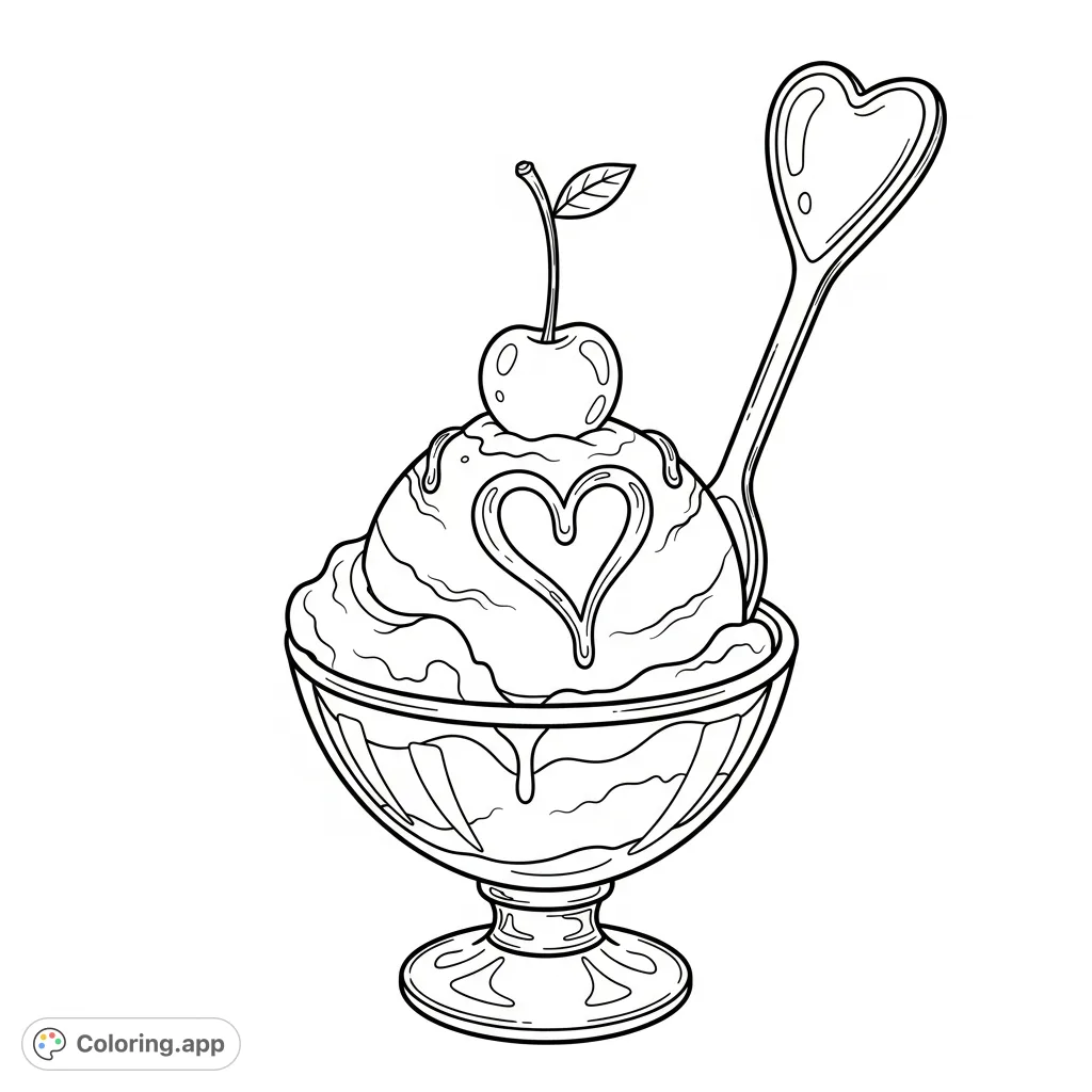 A delicious scoop of ice cream in an elegant glass bowl, adorned with a heart-shaped chocolate drizzle, a cherry, and a heart spoon. A delightful dessert to color.