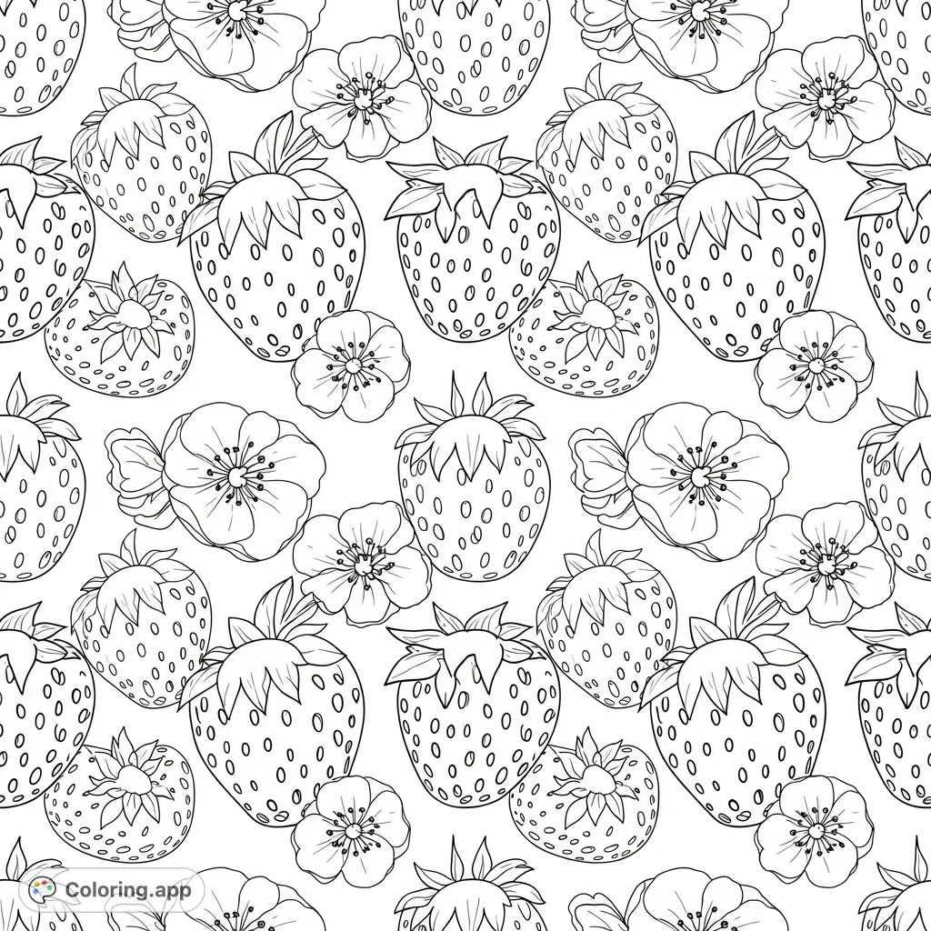 A charming, repeating pattern of ripe strawberries, blossoms, and leaves. Perfect for a calming and joyful coloring experience, suitable for all ages.