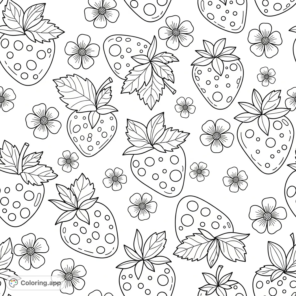 Discover a charming, seamless strawberry pattern coloring page featuring simple fruit shapes, leaves, and flowers with extra thick outlines. Perfect for relaxation and creative expression.