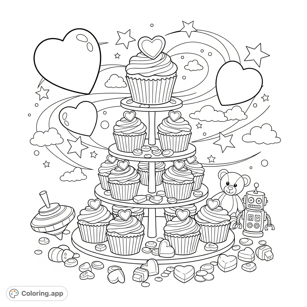 A delightful tiered display of charming cupcakes, each crowned with swirled frosting and a candy heart, surrounded by playful heart-shaped sprinkles.
