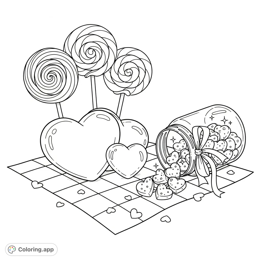 A delightful scene of oversized heart candies, swirled lollipops, and sparkling sugar hearts arranged on a checkered blanket, perfect for sweet coloring fun!