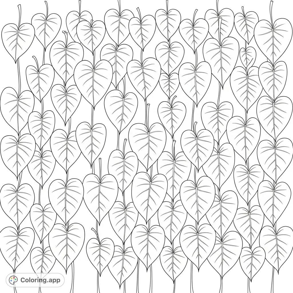 Discover a symmetrical array of perfectly formed heart-shaped leaves, meticulously arranged in harmonious rows and columns for a soothing coloring experience.