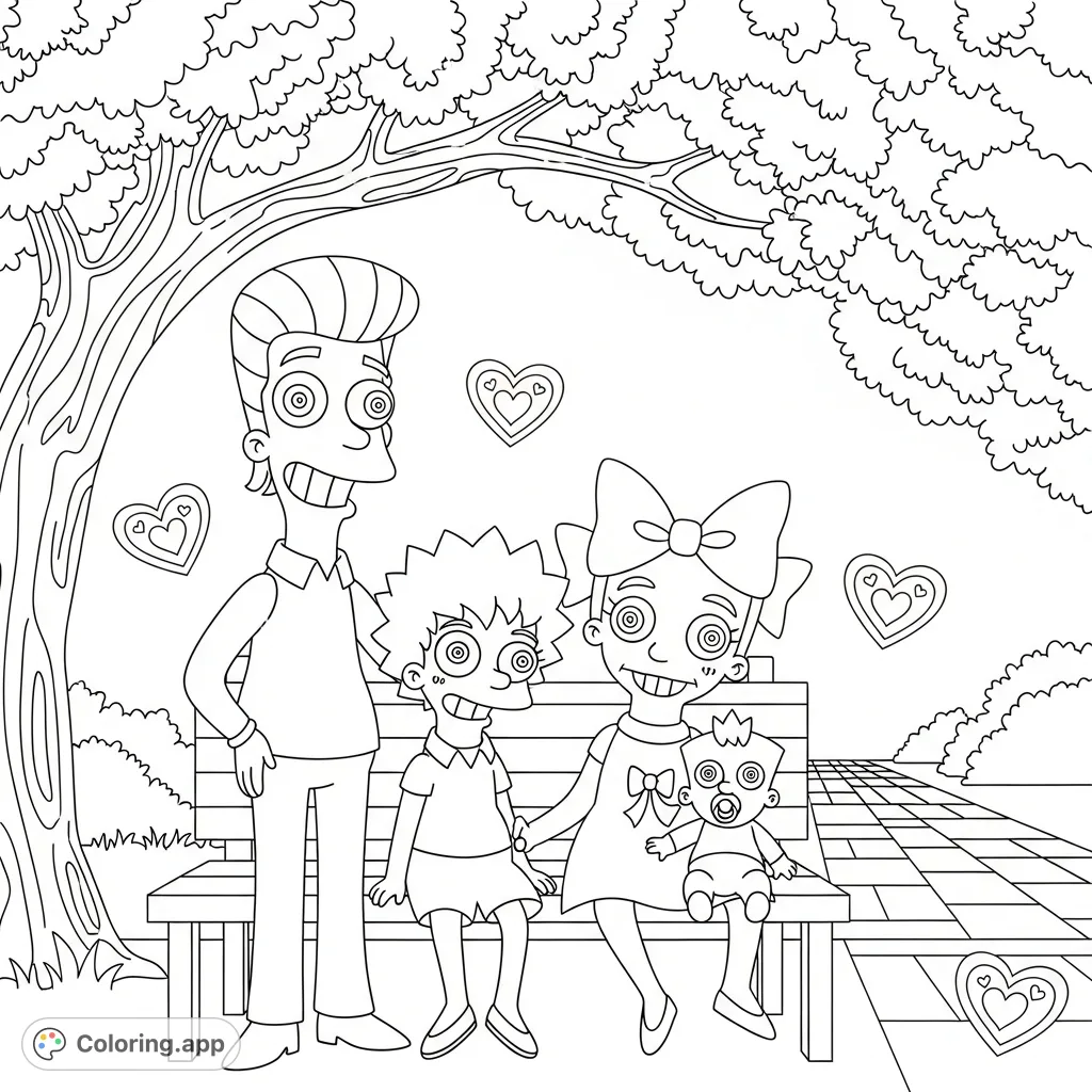 A cheerful Sympson-style family enjoys a park outing, featuring iconic faces, playful poses, and a classic suburban setting. A fun, free printable coloring page.