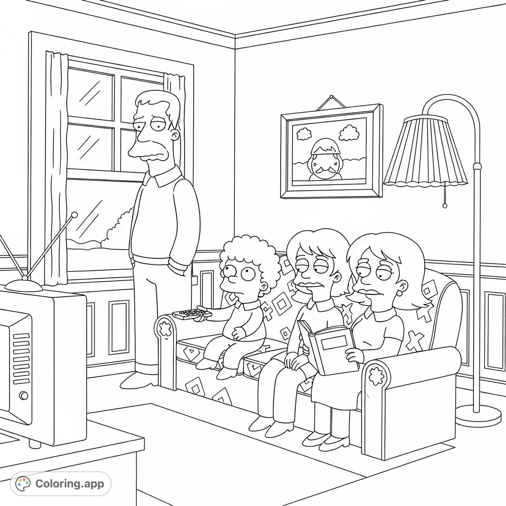 Dive into a fun "Sympson's characters" coloring page featuring a beloved family relaxing in their iconic living room. Perfect for fans of all ages!