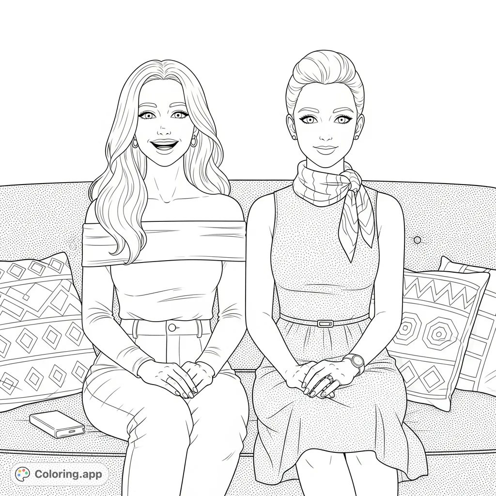 Color two women with Sympson's character features, seated on a textured sofa with patterned cushions. A fun, free printable coloring page.