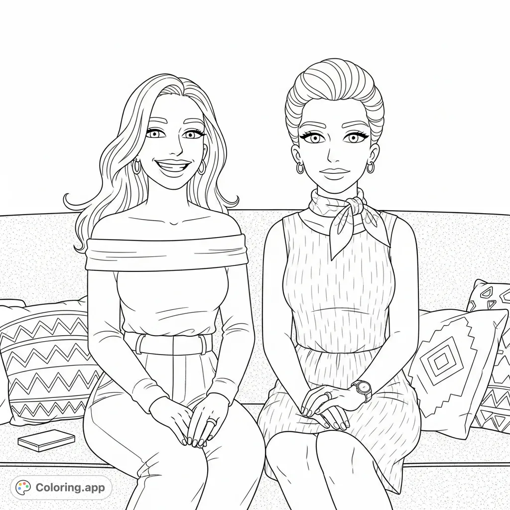 A unique Sympson's faces coloring page featuring two stylish women on a textured sofa with decorative cushions. Perfect for fans to personalize!