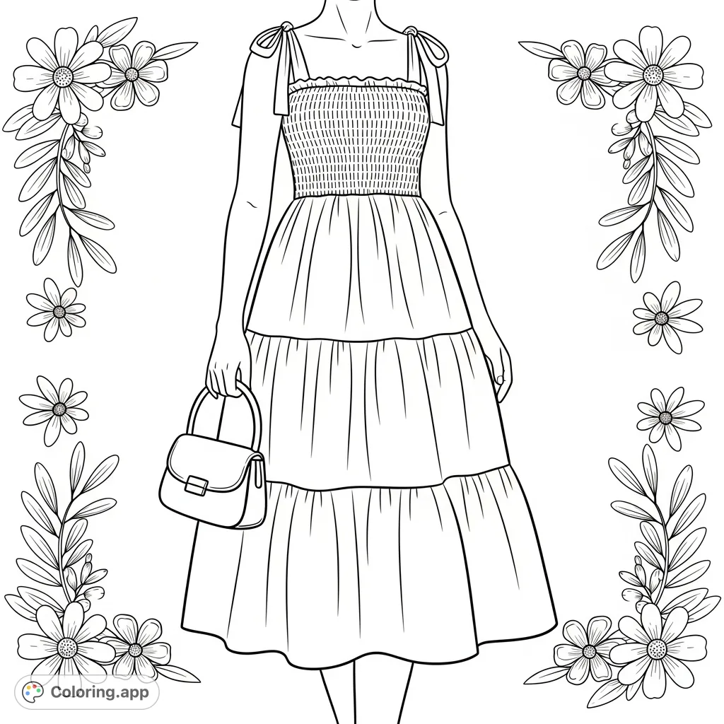 Color a stylish person in a tiered, shirred midi dress with a structured handbag. Whimsical flowers and leaves frame this elegant fashion scene.
