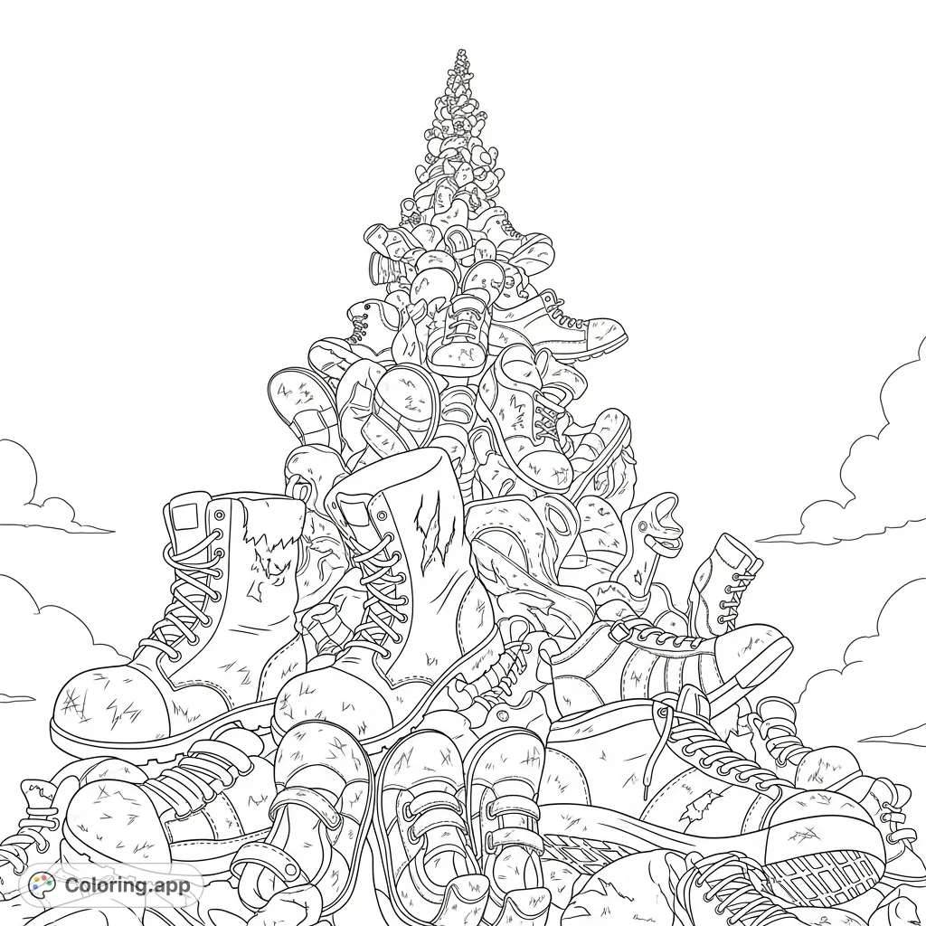 Explore a poignant scene depicting a towering, chaotic mound of worn and mismatched shoes, each telling a silent story against a vast, stark sky.