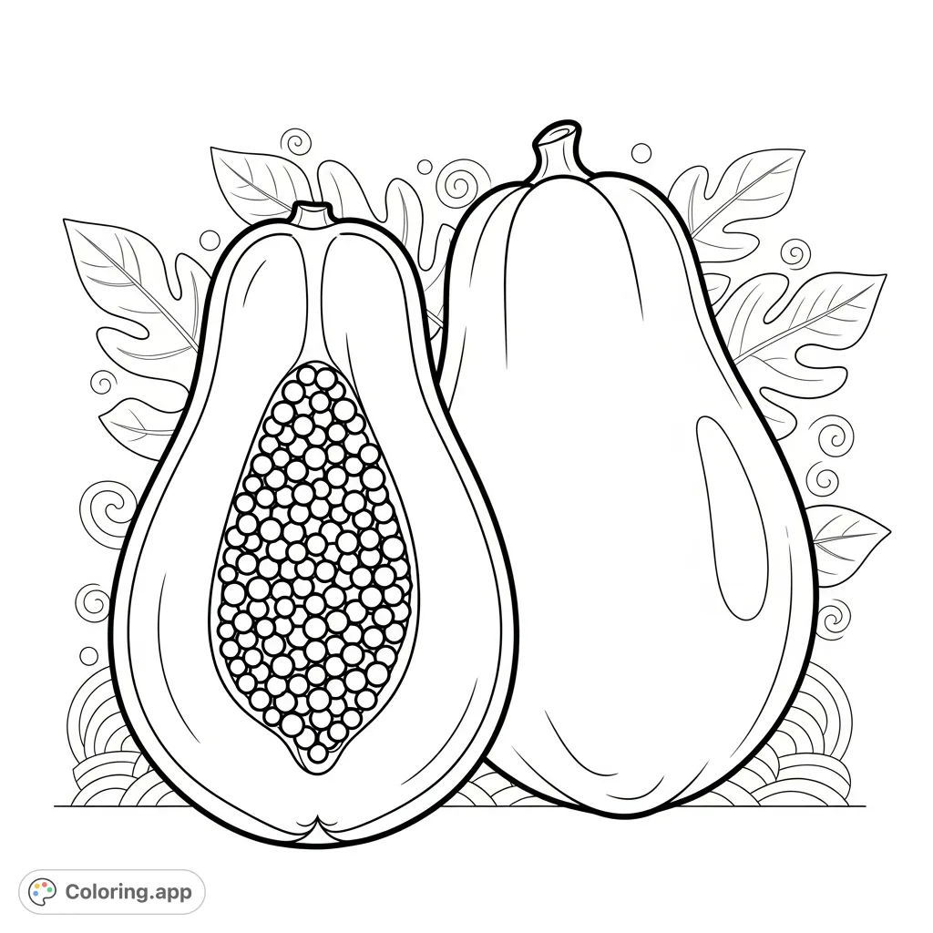 Explore this tropical papaya coloring page featuring a whole fruit and a sliced half revealing seeds and textured pulp, set against a charming background. Perfect for all ages.