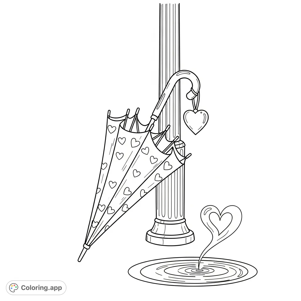 A charming coloring page featuring a closed umbrella adorned with subtle heart patterns, leaning against a lamppost, with a heart reflection in a puddle.