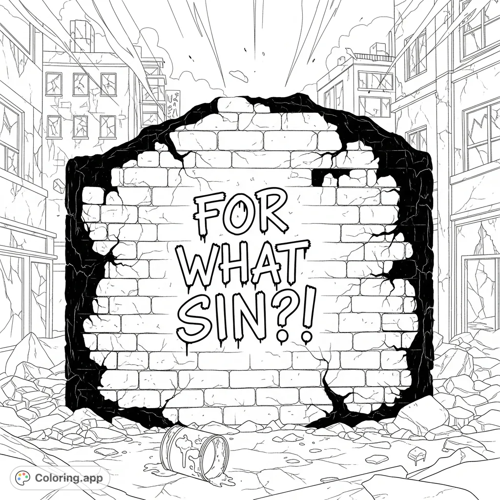 An impactful urban decay coloring page featuring a charred brick wall with the stark question 'For what sin?!' sprayed on it, amidst rubble and damaged buildings.