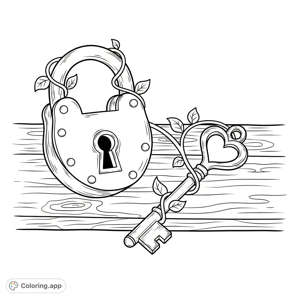 Unlock creativity with this charming vintage padlock and heart-shaped key coloring page. Featuring a rustic wooden plank and delicate vine details, it's a delightful design for all ages.