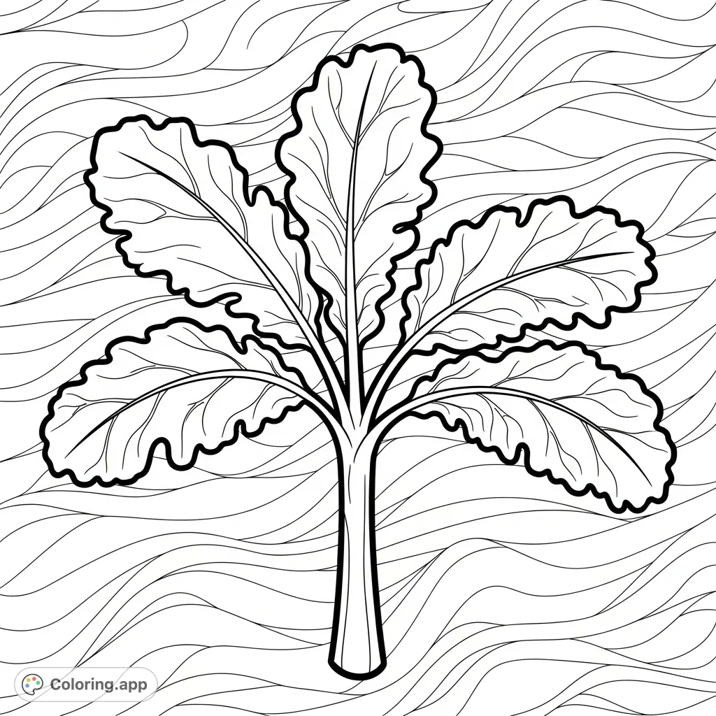 A delightful and simple kale plant design with broad leaves and a flowing wavy background, perfect for a relaxing coloring experience for all ages.