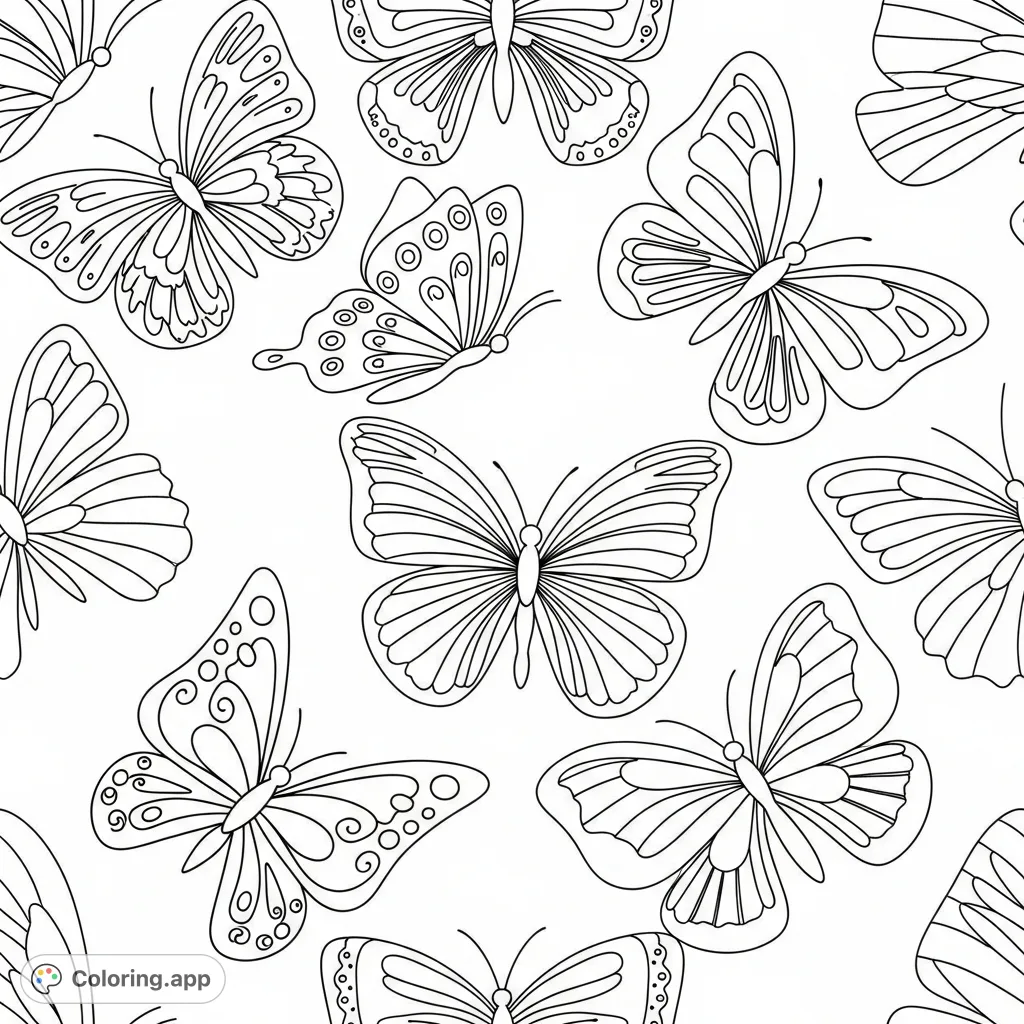 Discover a beautiful, calming butterfly pattern coloring page. Features various stylized butterflies with thick outlines for joyful and stress-free coloring.