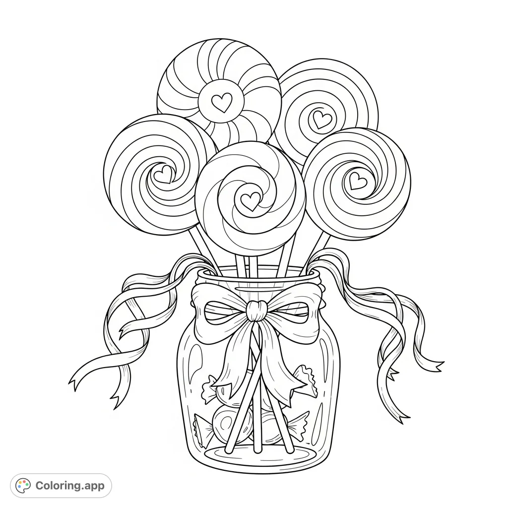A delightful scene of oversized, swirled lollipops with heart centers, arranged in a decorative jar with playful ribbon streamers and an elaborate bow.