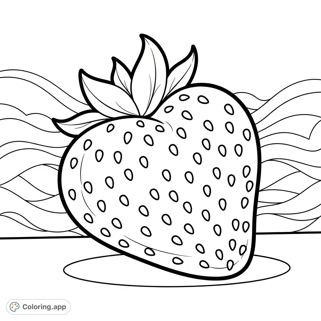 A delightful heart-shaped strawberry with textured details and a leafy cap, resting on a reflective surface against a whimsical background. A charming strawberry coloring page for all ages.