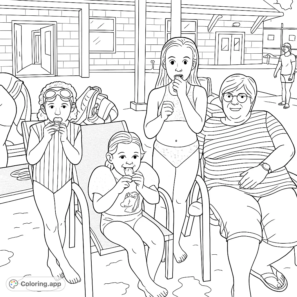 Capture a joyful poolside scene with three girls and an adult, enjoying a summer day. Perfect for a relaxing coloring experience.