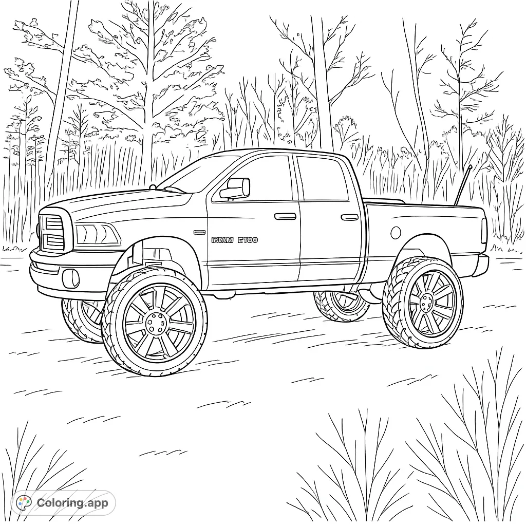 Color a powerful lifted pickup truck with custom wheels, perfect for vehicle enthusiasts. A detailed truck coloring page for all ages.