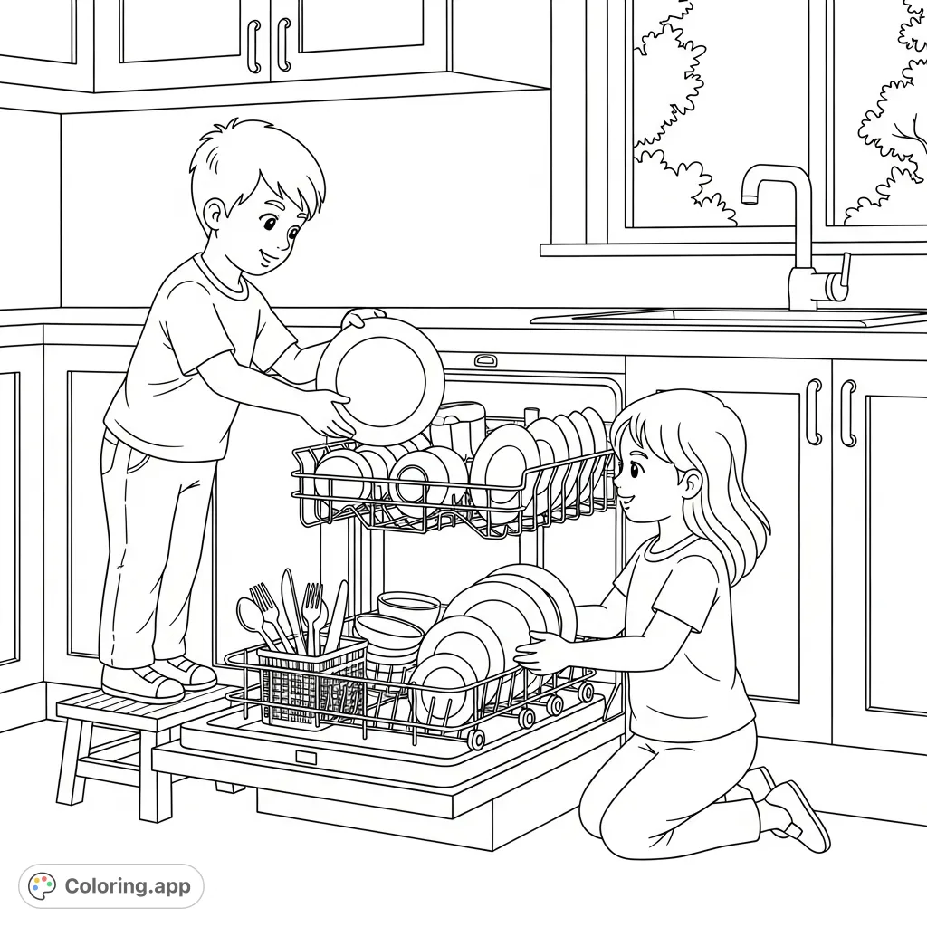 A charming scene of children working together to load a dishwasher, promoting teamwork and household chores. Perfect for teaching responsibility and fine motor skills.
