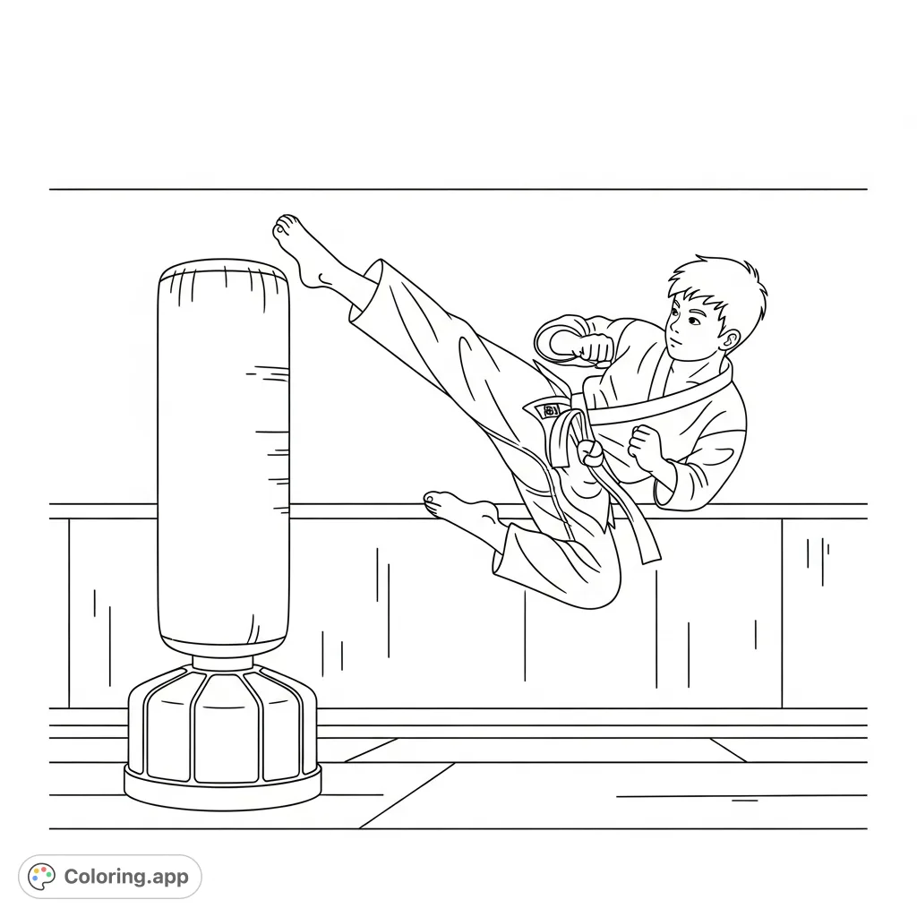 Capture the energy of a karate kid mid-air, delivering a powerful flying jump side kick to a training bag. A dynamic scene for martial arts fans.