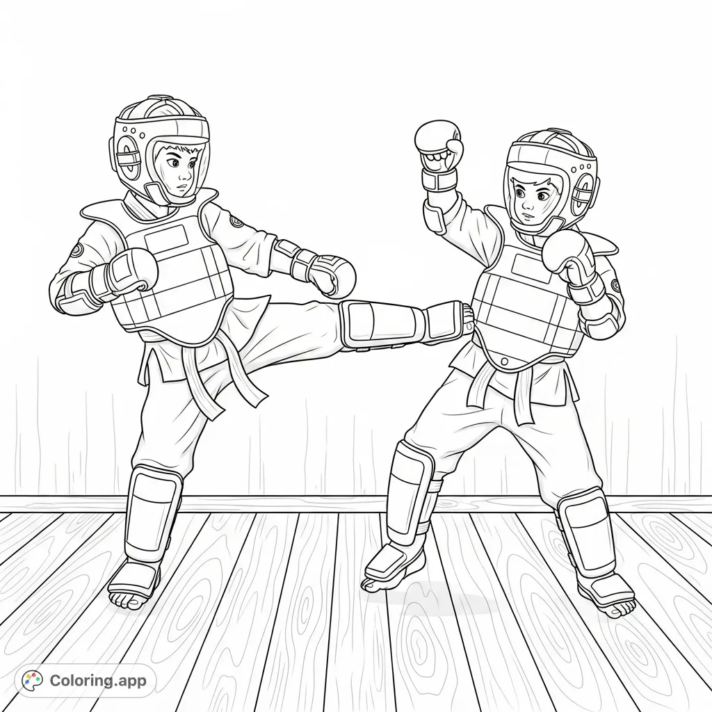 Dynamic Karate Kids in full body armor spar in a dojo. This action-packed scene is perfect for martial arts fans to color, featuring detailed protective gear and energetic poses.