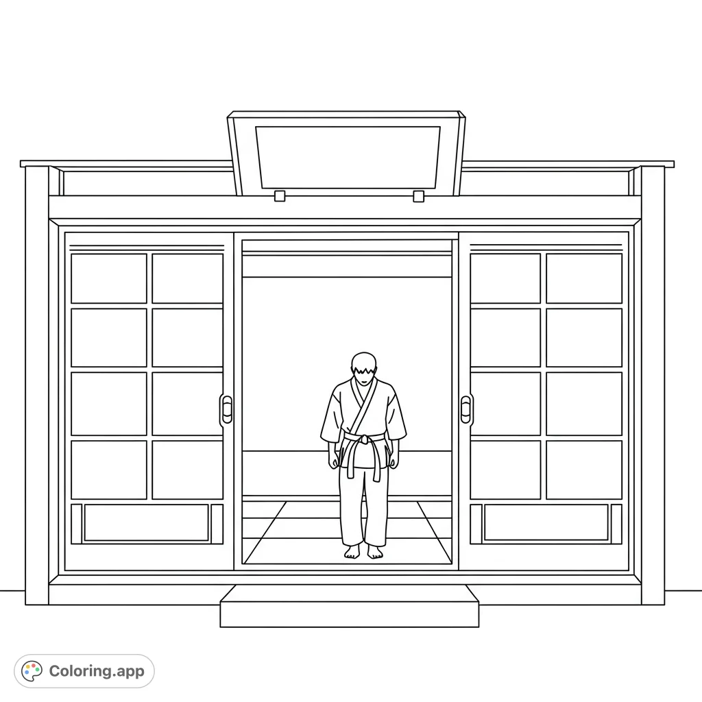 A respectful karate student bows at the entrance of a traditional dojo, ready for training. Perfect for martial arts enthusiasts.