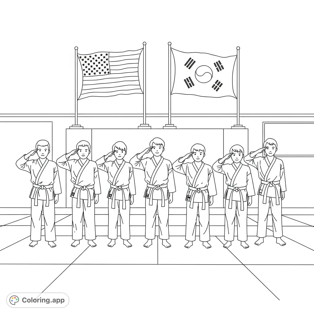 Capture discipline and respect with this karate students flag salute coloring page. Features martial artists, American and Korean flags, and a dojo setting.