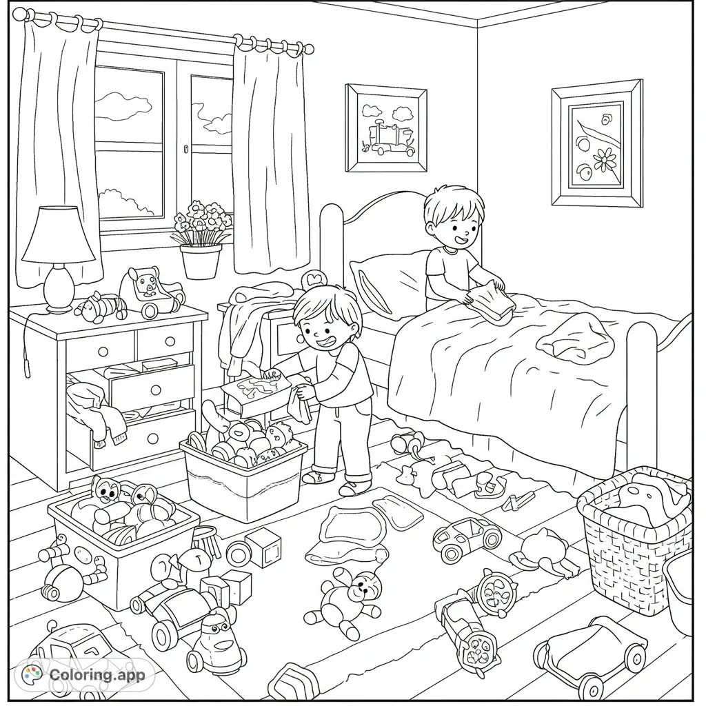 A delightful scene of children tidying their cluttered bedroom, perfect for teaching responsibility and sparking creativity. A fun, free printable activity.