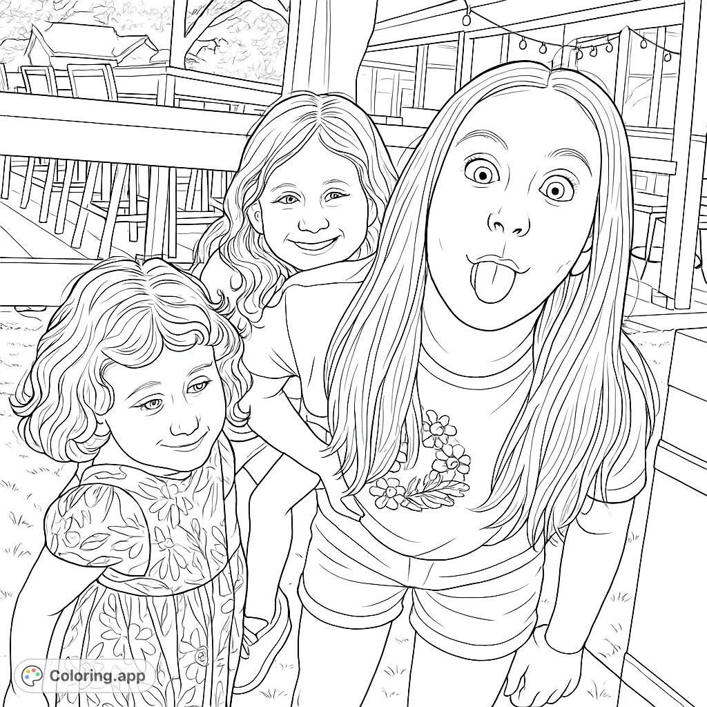 Capture the joy of childhood with three playful girls in an outdoor setting. Perfect for adding vibrant colors to their expressions and surroundings.