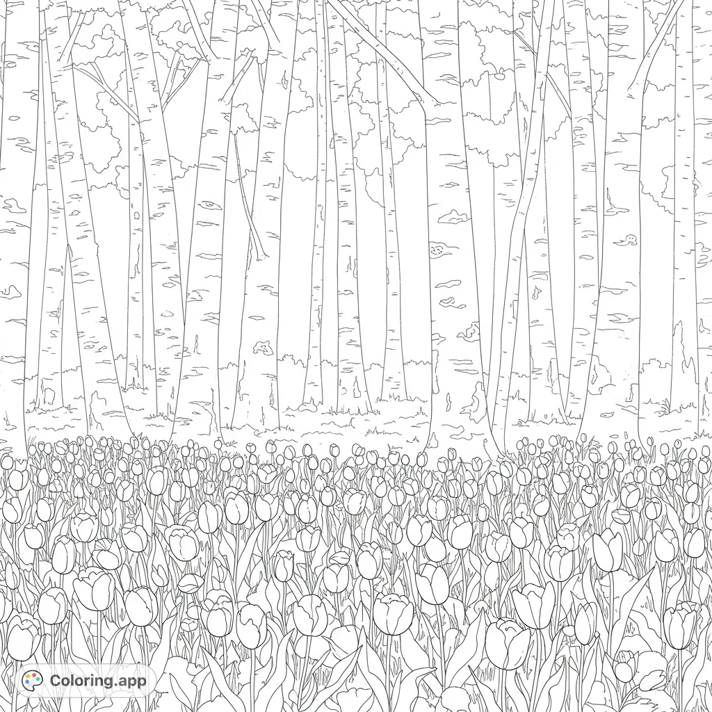 A beautiful woodland scene featuring tall trees and a vibrant array of tulips blooming on the forest floor, perfect for nature lovers.