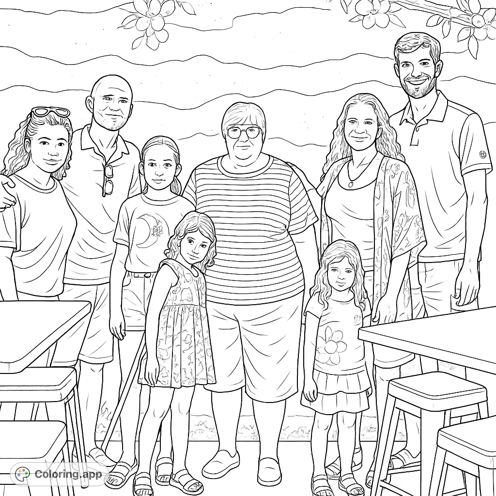 A heartwarming group portrait featuring a family against a scenic mural of mountains and cherry blossoms. Perfect for all ages to personalize.