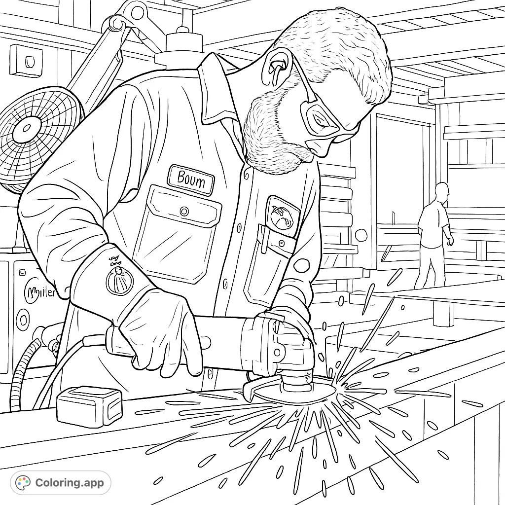 A dynamic industrial scene featuring a worker using a grinder, creating a shower of sparks. Perfect for those who enjoy realistic and detailed coloring challenges.