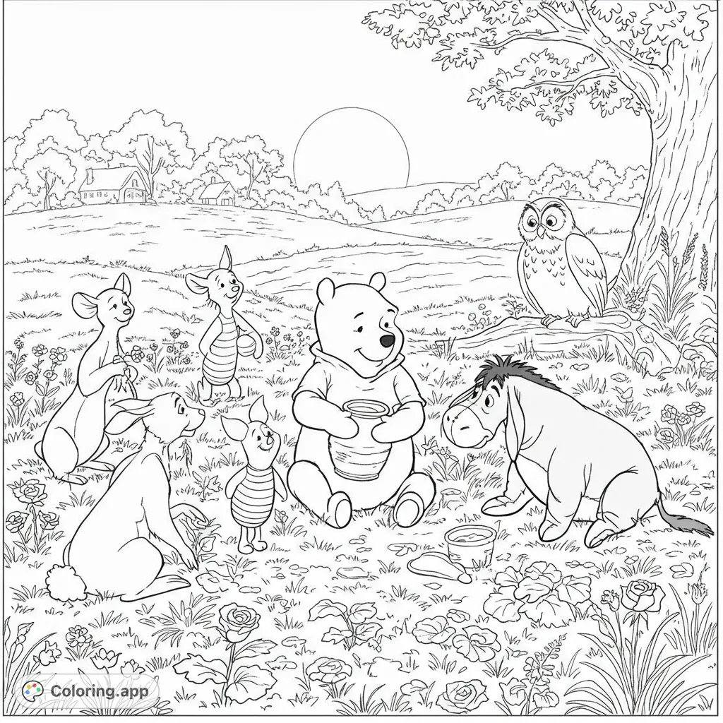 Join Winnie the Pooh and his friends in a heartwarming sunset scene. A delightful free printable coloring page for kids and fans of the Hundred Acre Wood.