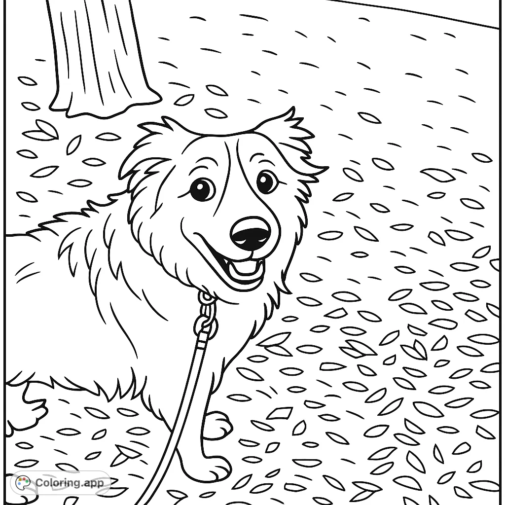 Color a happy, fluffy dog with a friendly smile and expressive eyes, standing on a textured ground with a tree nearby. Perfect for dog lovers!