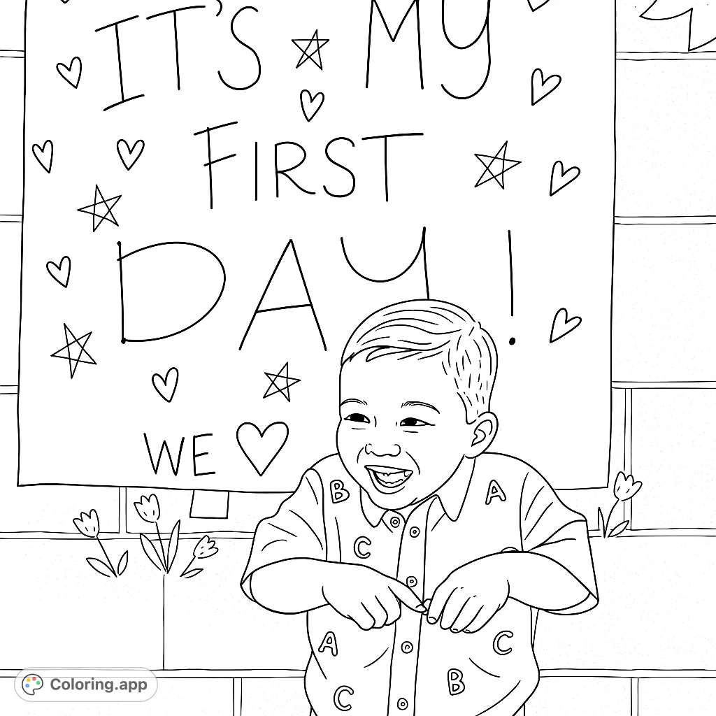 Celebrate a special milestone with this 'First Day' coloring page featuring a happy child and a festive sign. Perfect for young learners!
