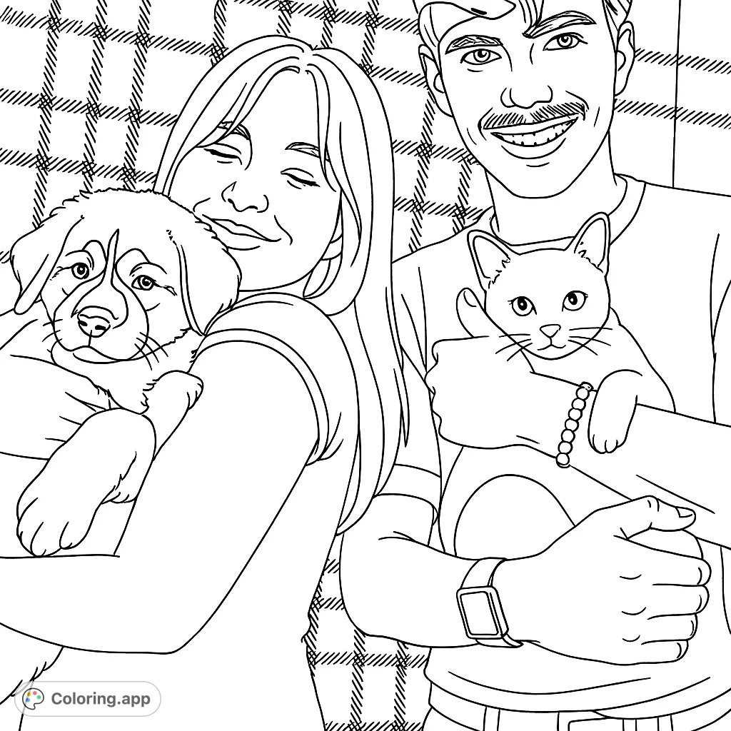 A heartwarming scene featuring two friends and their adorable fluffy puppy, set against a cozy patterned background. Perfect for animal lovers and those who cherish companionship.