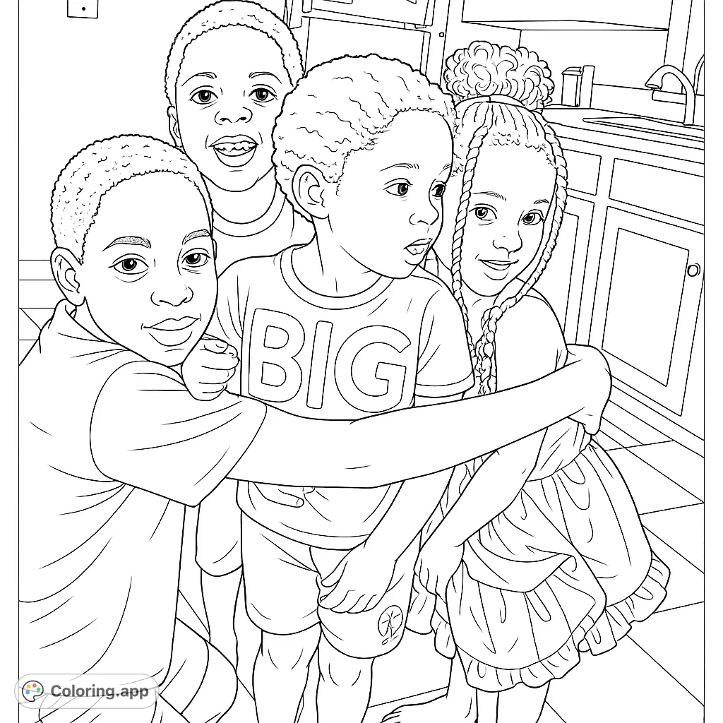 A heartwarming group hug featuring four children, perfect for young colorists to express joy and connection. Free printable kids coloring page.