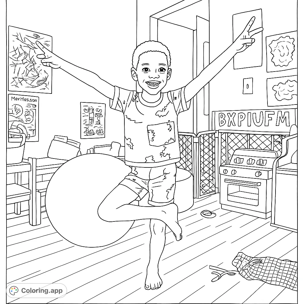 A cheerful child strikes a playful pose in a vibrant playroom, perfect for a fun and engaging coloring experience. Free printable coloring page.