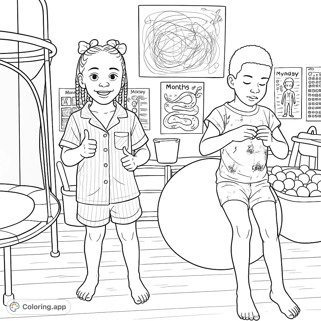 Two happy children in pajamas, one giving thumbs up, the other focused on an object, surrounded by playful room elements. A fun kids coloring page.