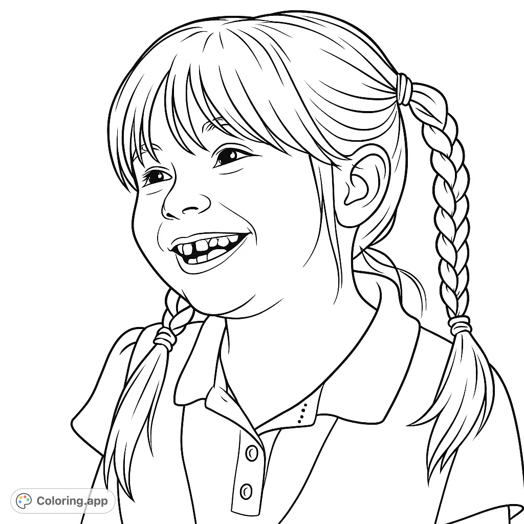 Capture the cheerful spirit of a young girl with braided pigtails and a missing-tooth smile. A delightful portrait for all ages to color.