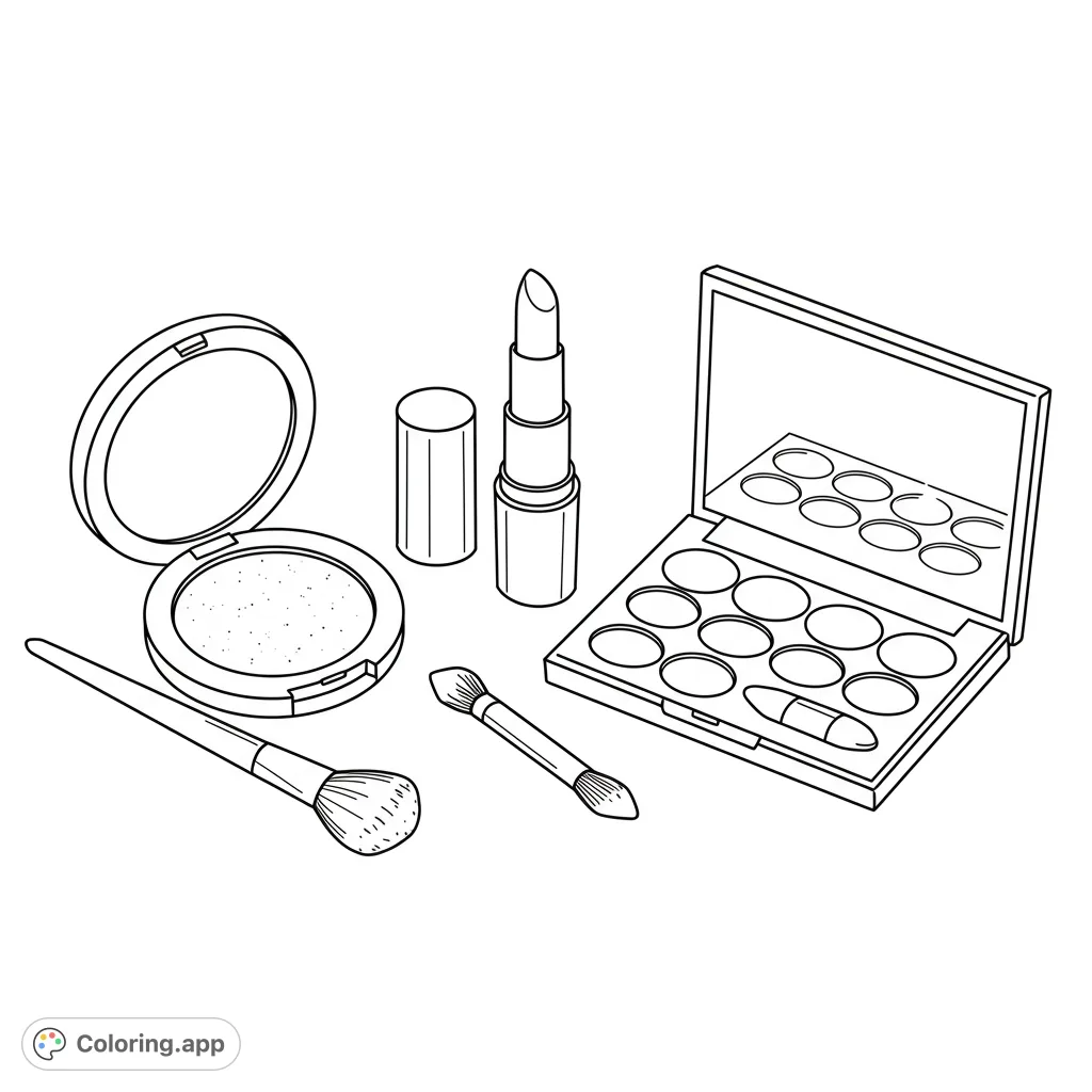 Unleash your creativity with this bold makeup essentials coloring page featuring a compact, lipstick, and palette. Perfect for beauty enthusiasts!