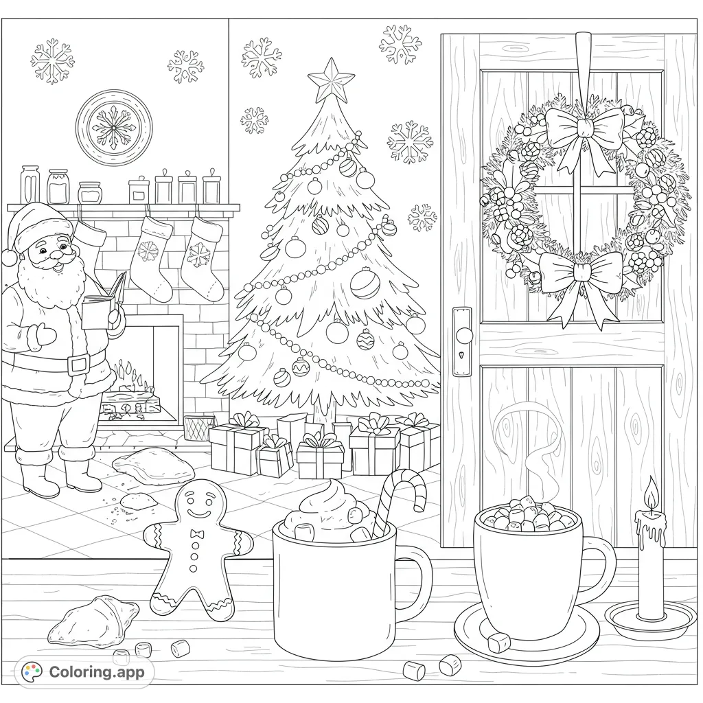 A delightful Christmas coloring page featuring Santa, a gingerbread man, a festive tree, and cozy holiday elements, perfect for seasonal fun.