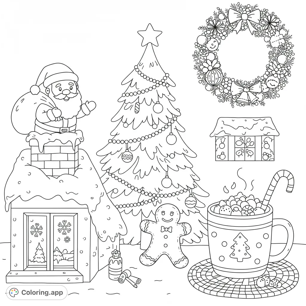 A delightful Christmas coloring page featuring Santa, a gingerbread man, a festive tree, a wreath, and a cozy hot chocolate mug in a whimsical, snowy holiday scene.
