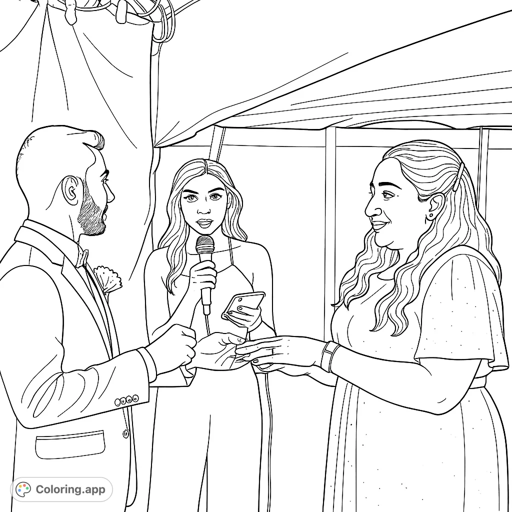 Capture a heartfelt wedding ring exchange moment. A couple shares vows as an officiant looks on, perfect for celebrating love and special occasions.
