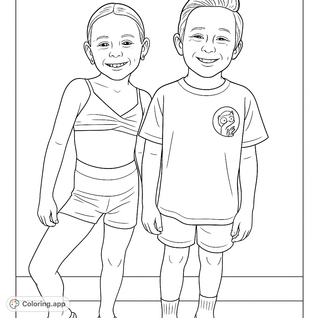 A delightful coloring page featuring two happy children, a girl and a boy, standing together, ready for creative expression.