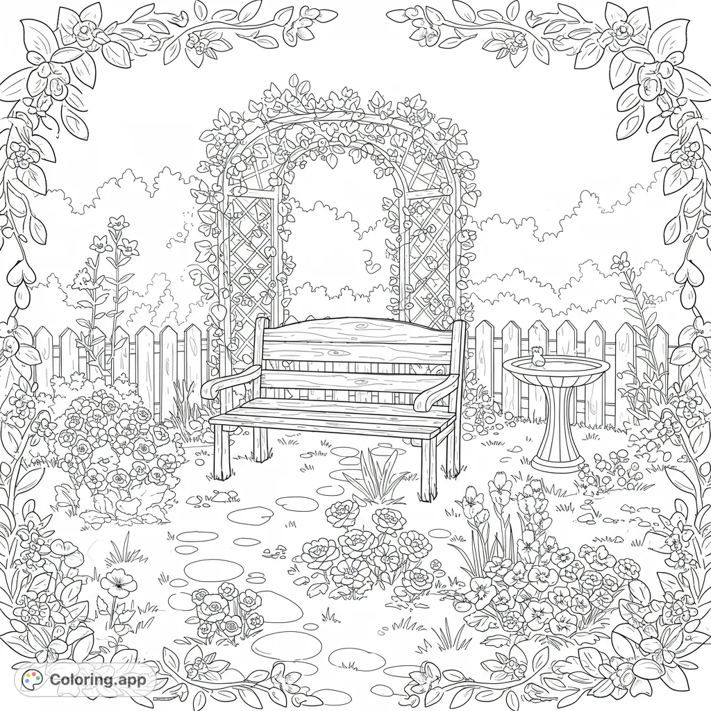 Discover a delightful garden scene featuring a cozy bench, surrounded by blooming flowers and lush foliage. A perfect free printable coloring page for relaxation.