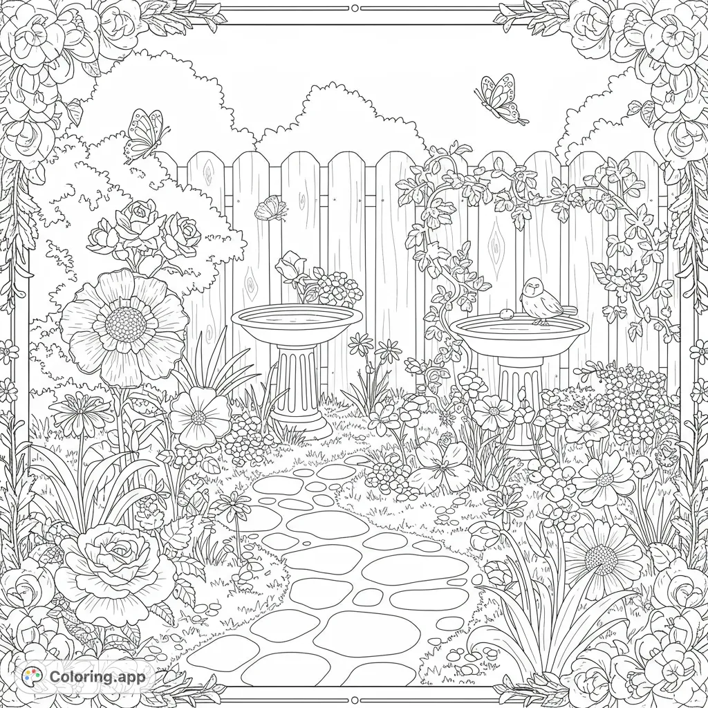 Explore a cozy garden scene with a stone path, blooming flowers, and fluttering butterflies. A delightful free printable garden coloring page for all ages.